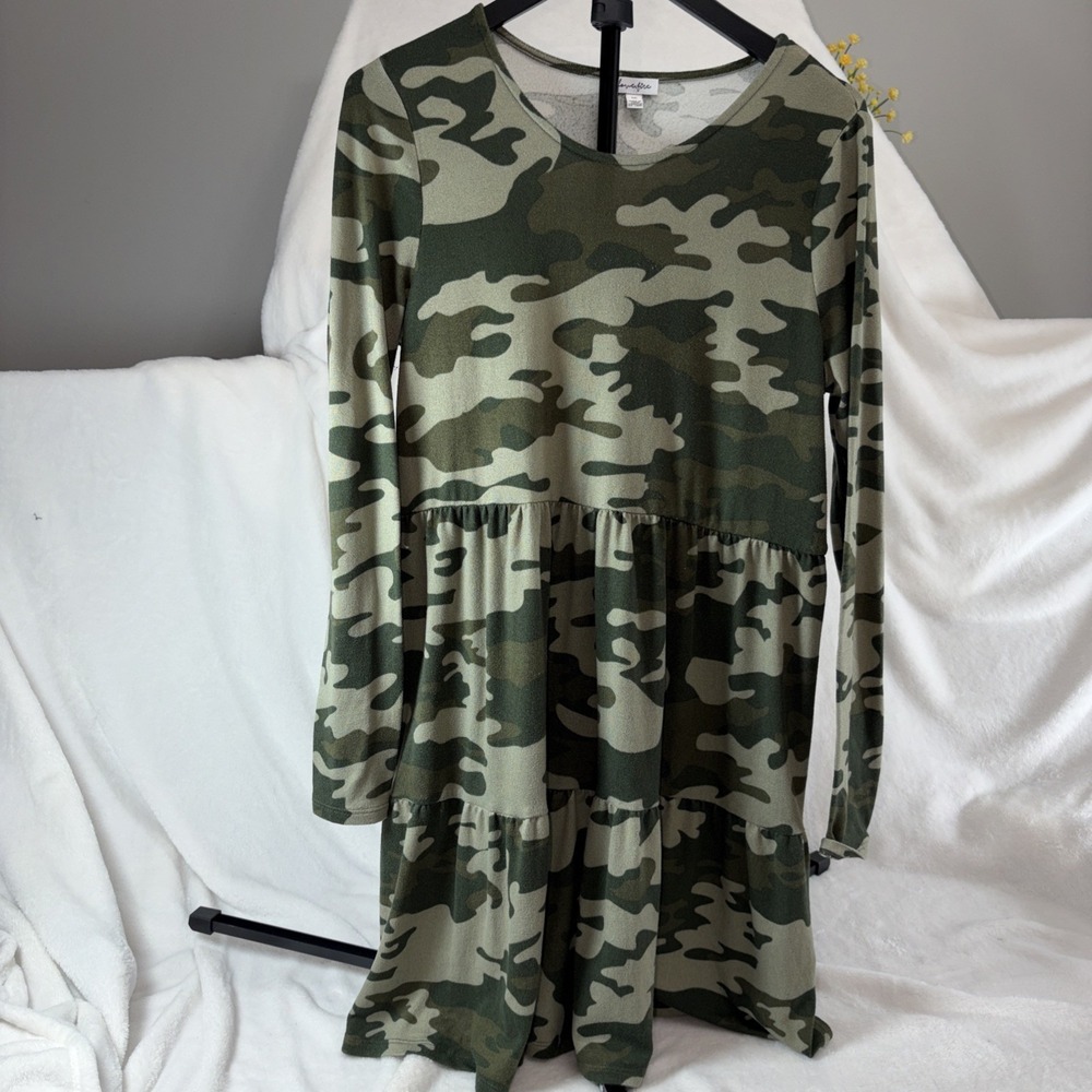 Love, Fire Camo Print Tiered Babydoll Dress L/S Swing Tunic Large 90s Grunge